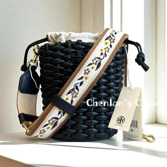 Tory Burch Emerson Woven Mini Bucket Bag Black With Gold Hardware - Picture 11 of 13